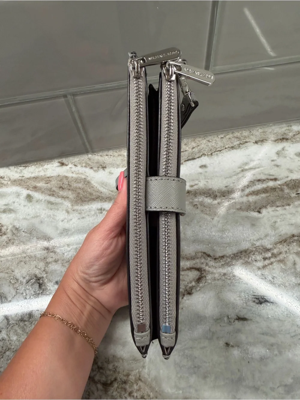 Michael Kors Light Grey Leather Wristlet Clutch